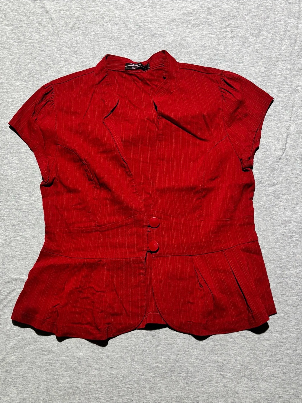 Red Short-Sleeve Button Front Blouse with V-Neck